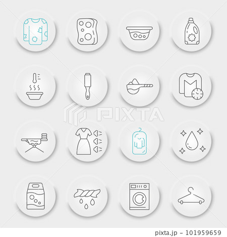 Laundry line icon set, washing symbols collection, vector sketches, neumorphic UI UX buttons, housework signs linear pictograms package isolated on white background, eps 10. Laundry line icon set, washing symbols collection, vector sketches, neumorphic UI UX buttons, housework signs linear pictograms package isolated on white background, eps 10. 101959659