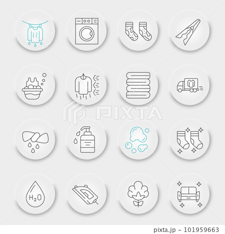 Laundry line icon set, washing symbols collection, vector sketches, neumorphic UI UX buttons, housework signs linear pictograms package isolated on white background, eps 10. 101959663
