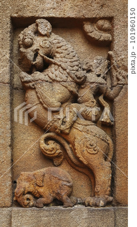 Carving of Man Riding on the Makarpakshi on the Megheshwara Temple, Bhubaneshwar, Odisha, India. 101960150