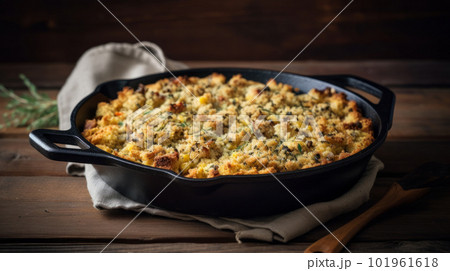 Cornbread Oyster stuffing for Thanksgiving Day. Illustration AI Generative Cornbread Oyster stuffing for Thanksgiving Day. Illustration AI Generative 101961618