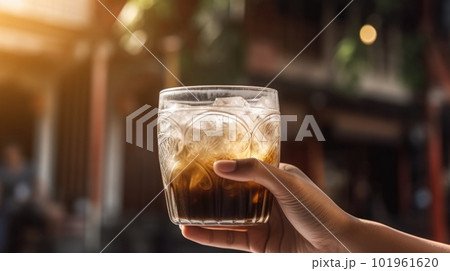 Glass of traditional vietnamese coconut ice coffee in woman hand. Illustration AI Generative Glass of traditional vietnamese coconut ice coffee in woman hand. Illustration AI Generative 101961620