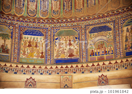 Colorful ceiling of Goenka Chhatri, situated near Shivgarh Fort, now converted in to a Heritage Hotel, Dundlod, Shekhawati, Rajasthan, India Colorful ceiling of Goenka Chhatri, situated near Shivgarh Fort, now converted in to a Heritage Hotel, Dundlod, Shekhawati, Rajasthan, India 101961842
