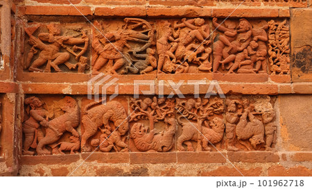Animal Hunting carvings on the Jor Bangla Temple, Bishnupur, West Bengal, India. 101962718