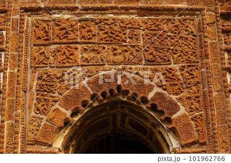 Ancient Human Life Carvings on the Temple Panch Ratna Shyam Rai Temple, Bishnupur, West Bengal, India. 101962766