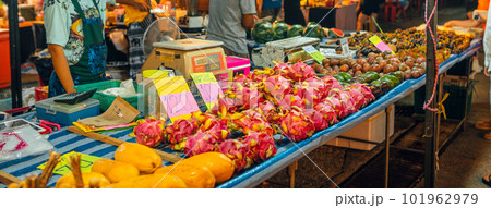 Tropical fruits in fruit market at night streetfood market Tropical fruits in fruit market at night streetfood market 101962979
