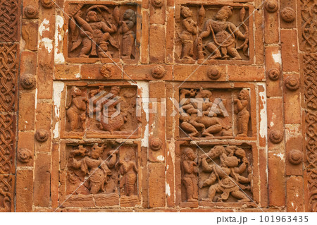 Ancient Human Life Depicting on the Temple of Jor Bangla, Bishnupur, West Bengal, India. 101963435
