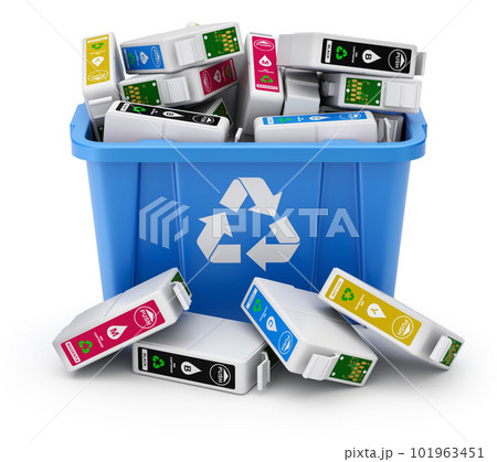 CMYK cartridges in blue recycle crate 101963451