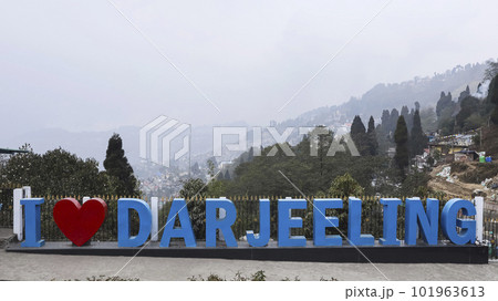 Name I LOVE DARJEELING on the Top of Batasia Loop, Darjeeling, West Bengal, India. 101963613