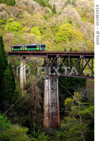 只見線　春の滝谷川橋梁を渡る列車キハE120形(福島県柳津町、4月下旬) 101963919