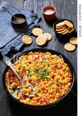 New Orleans Style Corn casserole in baking dish New Orleans Style Corn casserole in baking dish 101964162