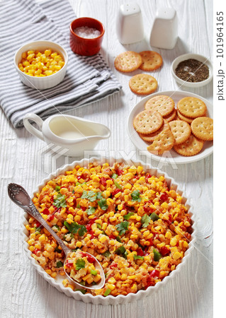 New Orleans Style Corn casserole in baking dish New Orleans Style Corn casserole in baking dish 101964165