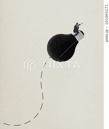 Contemporary art collage with one happy businessman wearing suit riding on light bulb over beige background. Catching inspiration 101965271