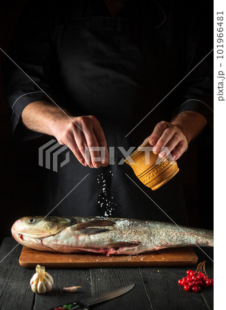 Cook prepares silver carp herring in the restaurant kitchen. The cook sprinkles salt on the fish. Work environment on the kitchen table. Cook prepares silver carp herring in the restaurant kitchen. The cook sprinkles salt on the fish. Work environment on the kitchen table. 101966481