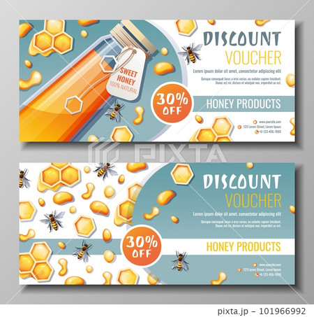 Set of banners with honey products. Discount coupon for honey shop. Bank of honey, bees, honeycombs. Natural useful products. Sweet dessert.Vector illustration 101966992