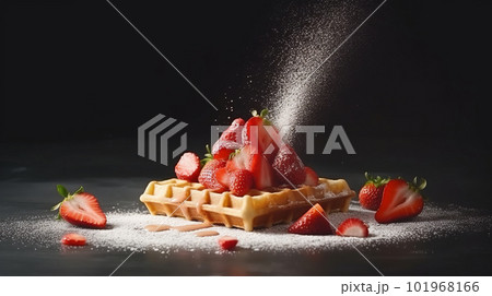 Waffles with strawberries. Illustration AI Generative 101968166