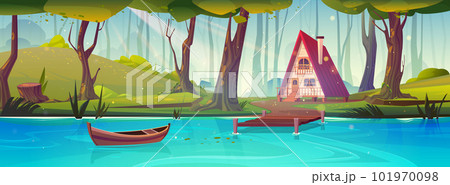 Cartoon cottage in forest near blue lake 101970098