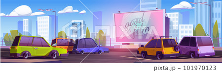 Cartoon drive-in cinema with many cars 101970123