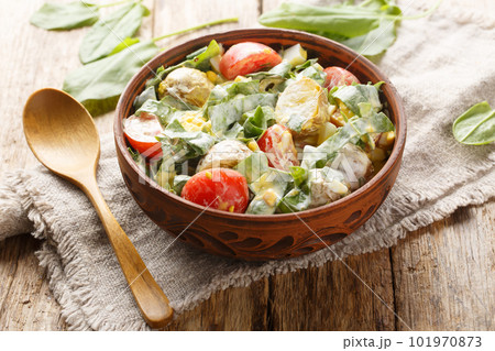 Homemade salad of boiled eggs, potatoes, tomatoes, onions and sorrel, spinach with cream dressing close-up in a bowl. Horizontal Homemade salad of boiled eggs, potatoes, tomatoes, onions and sorrel, spinach with cream dressing close-up in a bowl. Horizontal 101970873