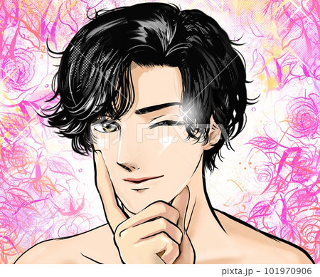 ツルスベ美肌を永久脱毛で手に入れウィンクするイケメン男性の漫画風イラスト花園背景 101970906