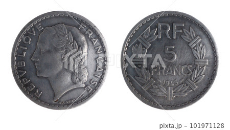 French coin of five francs minted in 1945 French coin of five francs minted in 1945 101971128
