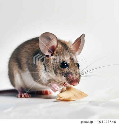 little cute mouse eats a piece of cheese on a white background close-up, cute animal, 101971346