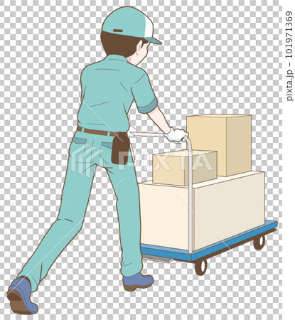 Illustration of a delivery person/delivery person [cardboard, cart, luggage, logistics, transportation, men, home delivery] 101971369