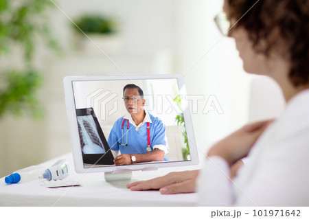 Sick woman calling doctor. Remote medical help. 101971642