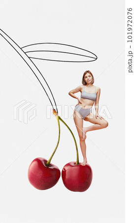 Contemporary art collage with young girl woman in good shape standing on huge fruit, cherry over white background. Healthy lifestyle 101972076