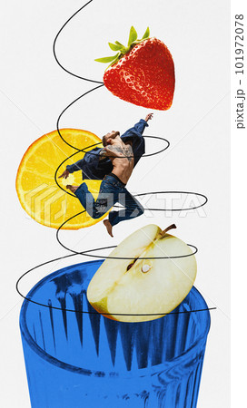 Contemporary art collage with young man falling into glass of lemonade with fruits over white background. Summer fruit lemonade Contemporary art collage with young man falling into glass of lemonade with fruits over white background. Summer fruit lemonade 101972078