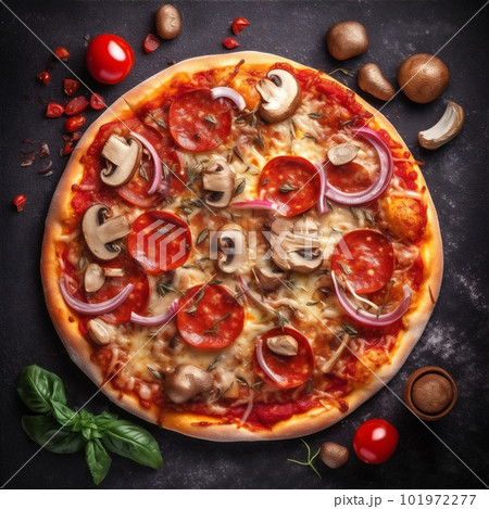 Mouthwatering pizza with pepperoni mushrooms onion. Top view. AI generated. 101972277