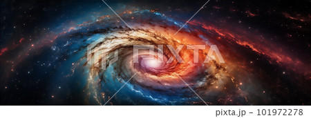 Abstract colourful spiral galaxy in space, interstellar nebula, realistic swirling vortex. AI generated 101972278
