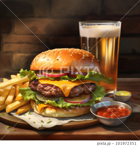 Juicy hot burger with melted cheese, fresh lettuce and meat. AI generated. 101972351