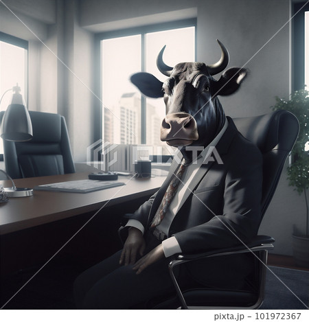 Bull wearing business sleek suit and tie sitting in front of window with cityscape. AI generated. 101972367