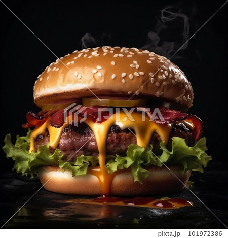 Juicy hot burger with melted cheese, fresh lettuce and meat on black background. AI generated. 101972386