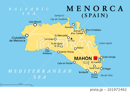 Menorca, or Minorca, political map, with capital Mahon or Port Mahon, official Mao. Island of the autonomous community of the Balearic Islands, located in the Mediterranean Sea, and part of Spain. Menorca, or Minorca, political map, with capital Mahon or Port Mahon, official Mao. Island of the autonomous community of the Balearic Islands, located in the Mediterranean Sea, and part of Spain. 101972462