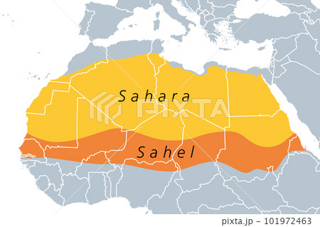 The Sahara and the Sahel, political map. Largest hot desert in the world making up most of North Africa, and an ecoclimatic and biogeographic realm with hot semi-arid climate on the African continent. The Sahara and the Sahel, political map. Largest hot desert in the world making up most of North Africa, and an ecoclimatic and biogeographic realm with hot semi-arid climate on the African continent. 101972463