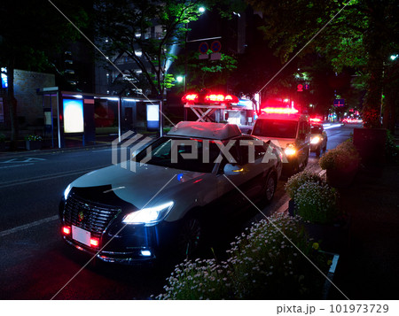 サイレンのランプを光らせるパトカー・夜の事件現場 サイレンのランプを光らせるパトカー・夜の事件現場 101973729