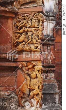Depicting of War Scenes on the Lalji Temple, Kalna, West Bengal, India. 101974368