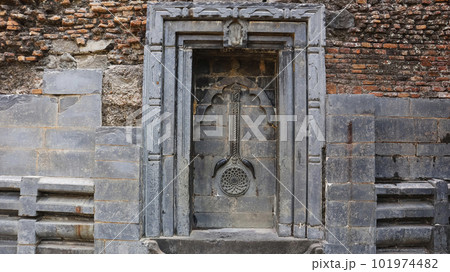 Mosque Symbol and Hindi God Ruin Sculpture on Adina Mosque, West Bengal, India. Mosque Symbol and Hindi God Ruin Sculpture on Adina Mosque, West Bengal, India. 101974482