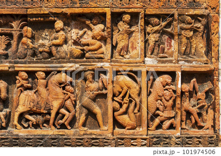 Scenes of fighting and animals depicted on the Char Bangla Temple, Jiaganj, West Bengal, India. 101974506