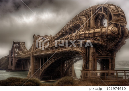 San Francisco golden gate bridge in a Biomechanical town that blend human physiques with machines illustration generative ai 101974610