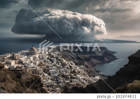Santorini Volcanic eruption on island illustration generative ai Santorini Volcanic eruption on island illustration generative ai 101974611