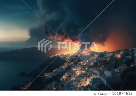 Santorini Volcanic eruption on island illustration generative ai 101974612