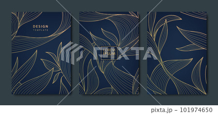 Vector japanese leaves art deco patterns. Floral golden elements template in vintage style. Luxury line covers, labels, frames, invitations, brochures, packaging, luxury products, perfume, soap, wine. Vector japanese leaves art deco patterns. Floral golden elements template in vintage style. Luxury line covers, labels, frames, invitations, brochures, packaging, luxury products, perfume, soap, wine. 101974650