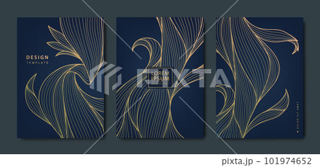 Vector japanese leaves art deco patterns. Floral golden elements template in vintage style. Luxury line covers, labels, frames, invitations, brochures, packaging, luxury products, perfume, soap, wine. Vector japanese leaves art deco patterns. Floral golden elements template in vintage style. Luxury line covers, labels, frames, invitations, brochures, packaging, luxury products, perfume, soap, wine. 101974652