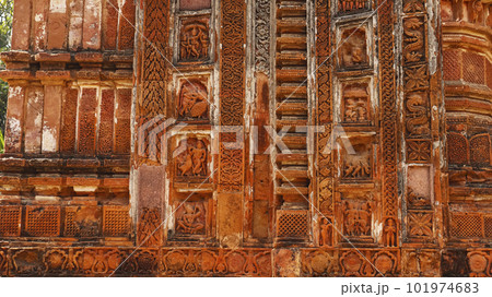 Carvings on the Bricks on wall of Charbangla Temple, Jiaganj, West Bengal, India. 101974683