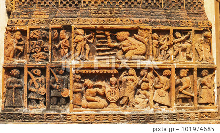 Depicting's of King, Queen and Warriors on the Char Bangla Temple, Jiaganj, West Bengal, India. 101974685