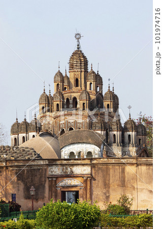 Domes of Lalji Temple, the oldest temple among the group of terracotta temples of Kalna, Built in 1739 by Braj Kishori Devi wife of Maharaja Jagat Ram, West Bengal, India. 101974716
