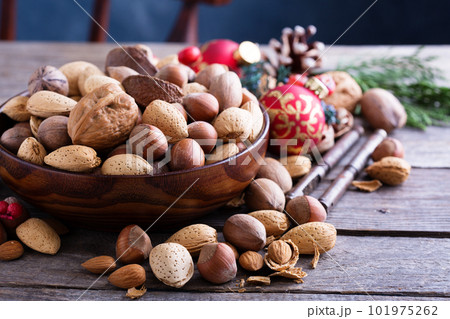 Variety of nuts with shells for Christmas Variety of nuts with shells for Christmas 101975262