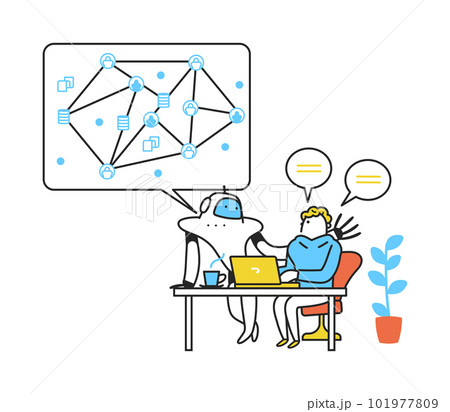 ネットワークデータを駆使して若い男性と会話するAIロボット　イラスト素材 101977809